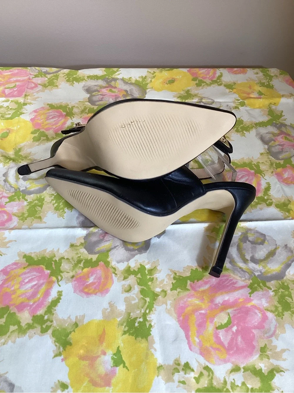 Queen Shoes Black Faux Leather Cutout Slingback Pumps Size 8.5 Pointed Toe